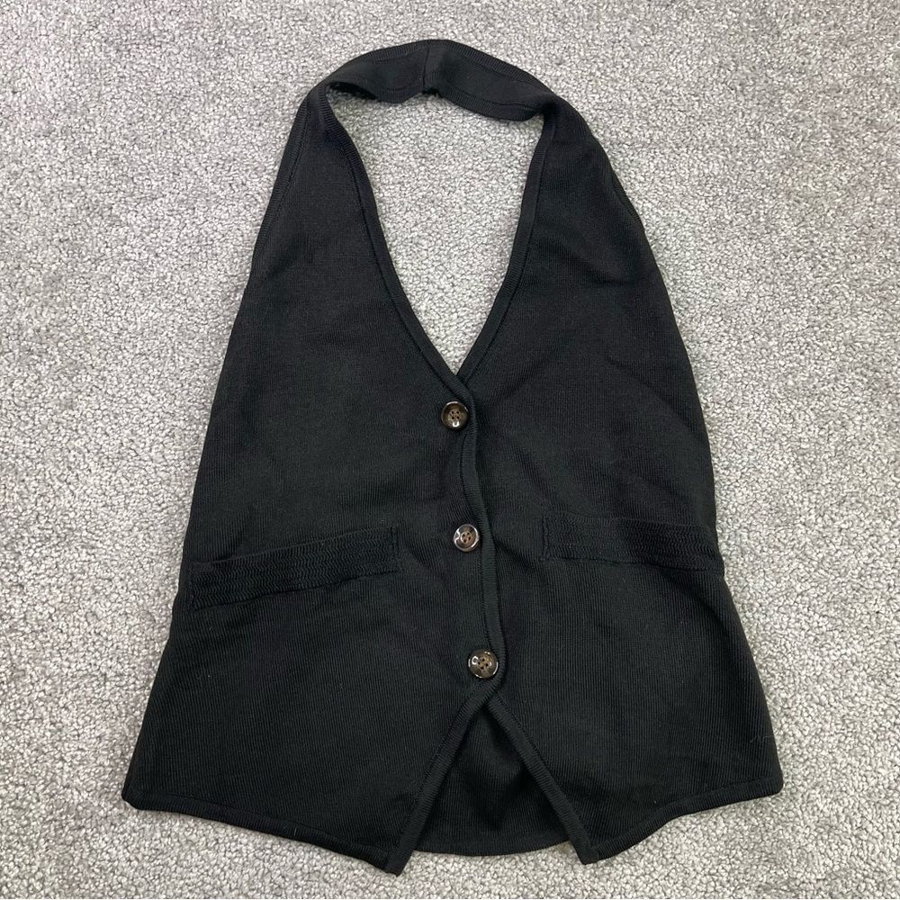 Halara Black Halter Button Front Knit Top Women’s Large Open Back Cropped Tank